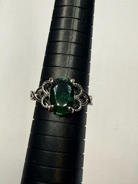 Sterling-Style Ring with Emerald Green Oval Stone